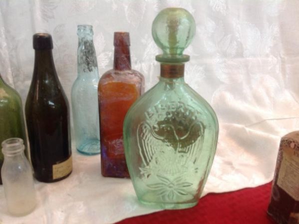 ANTIQUE BOTTLES, FLASK WITH METAL COVER, THREADS & TOP