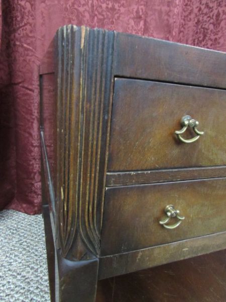 LEATHER TOP, SOLID WOOD SIDE TABLE WITH DRAWERS