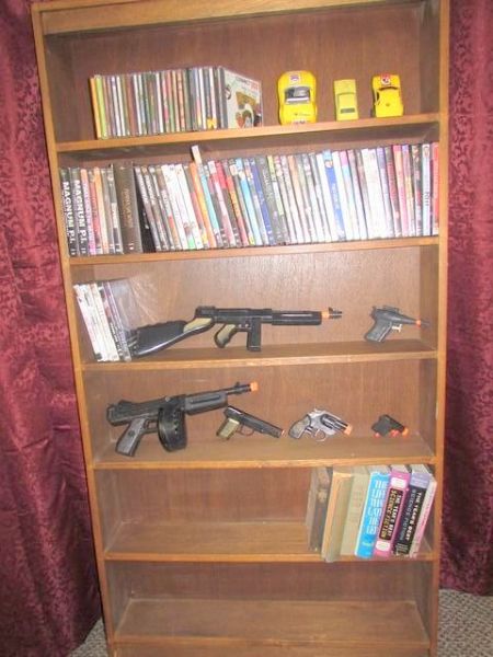 ALL WOOD DISPLAY SHELVING UNIT, DVD's, CD's, VINTAGE TOYS & BOOKS.