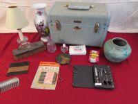 VINTAGE SAMSONITE LADIES OVERNIGHT CASE, PURPLE EAPG GLASS WITH STOPPER & MORE