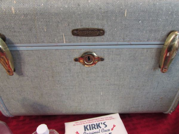 VINTAGE SAMSONITE LADIES OVERNIGHT CASE, PURPLE EAPG GLASS WITH STOPPER & MORE