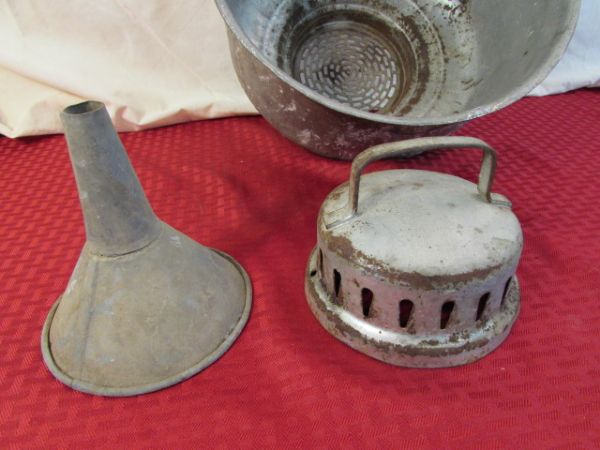 OLD METAL MILK STRAINER WITH FUNNEL