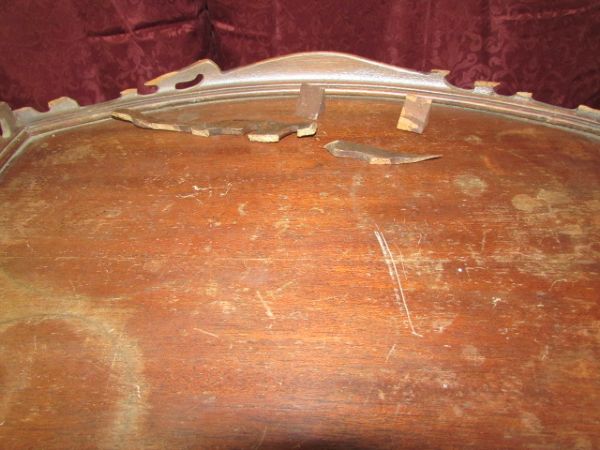 TWO VINTAGE  ALL WOOD CONVEX TRIANGULAR SIDE TABLES 