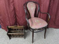 ANTIQUE BENTWOOD CHAIR WITH PETITE POINT UPHOLSTERY & WOOD MAGAZINE RACK