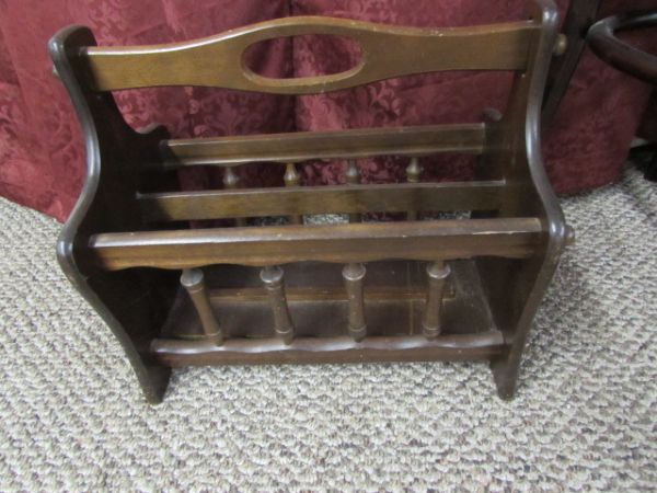 ANTIQUE BENTWOOD CHAIR WITH PETITE POINT UPHOLSTERY & WOOD MAGAZINE RACK
