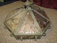 AMAZING ANTIQUE RANCH HANGING PENDANT LIGHT WITH AMBER MICA  PANELS
