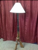 THREE RIFLES MAKE THIS A FUN FLOOR LAMP!  ALSO INCLUDES TWO WICKER STOOLS