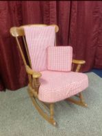 SOLID WOOD ROCKER WITH RED GINGHAM CHECKERED CUSHIONS & LOTS OF SPRING