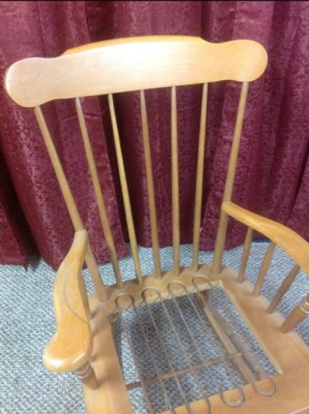 SOLID WOOD ROCKER WITH RED GINGHAM CHECKERED CUSHIONS & LOTS OF SPRING