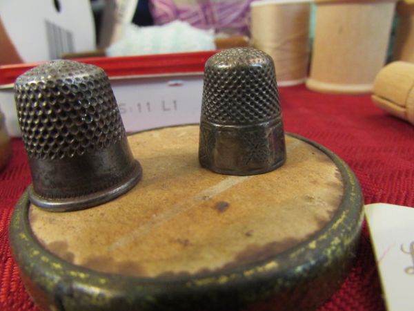 SEWING NOTIONS, LOOM, ANTIQUE SILVER THIMBLE & MORE