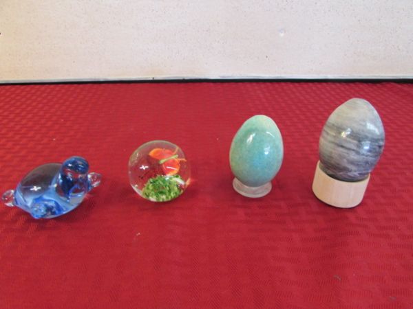 TWO CARVED ROCK EGGS, BLOWN GLASS PAPER WEIGHT & TURTLE