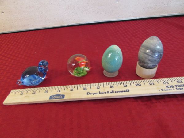 TWO CARVED ROCK EGGS, BLOWN GLASS PAPER WEIGHT & TURTLE