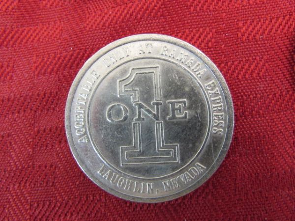 SIX VINTAGE GAMING TOKENS INCLUDING A 1ST EDITION  TOKEN 