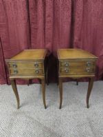 TWO VINTAGE SIDE TABLES WITH LEATHER TOPS