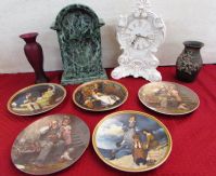 TWO CLOCKS, FIVE ALL VINTAGE LOT -- NORMAN ROCKWELL PLATES & TWO VASES