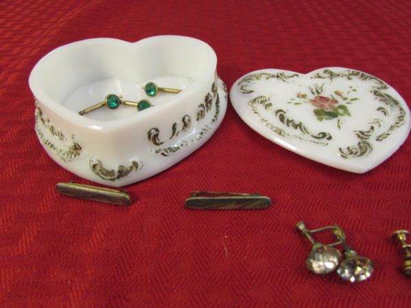 ANTIQUE VANITY COLLECTIBLES - EMBOSSED MILK GLASS HEART, ROYAL ARCANUM PLATE, 