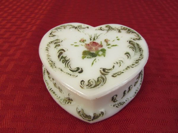 ANTIQUE VANITY COLLECTIBLES - EMBOSSED MILK GLASS HEART, ROYAL ARCANUM PLATE, 