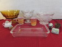 VINTAGE PRESSED GLASS BOWLS, PYREX PAN & CERAMIC KEEPSAKE HOLDERS