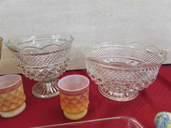 VINTAGE PRESSED GLASS BOWLS, PYREX PAN & CERAMIC KEEPSAKE HOLDERS