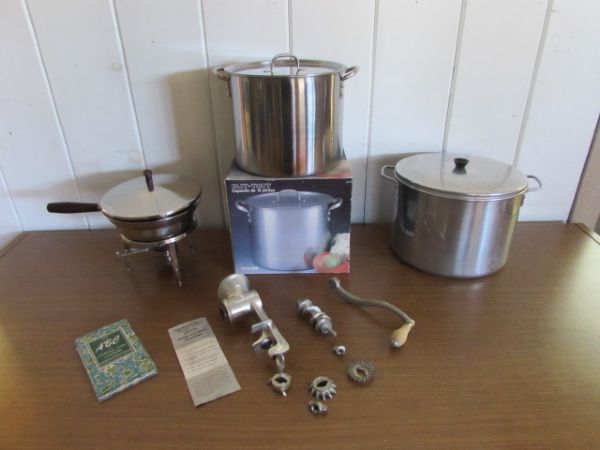 STAINLESS KETTLE, & CHAFING DISH WITH WARMER, LARGE CANNING KETTLE WITH JAR RACK