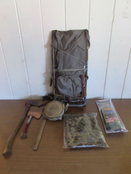 CAMPING LOT VINTAGE BACKPACK & CANTEEN, HATCHET, SHARPENING STONE & MORE