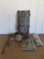CAMPING LOT VINTAGE BACKPACK & CANTEEN, HATCHET, SHARPENING STONE & MORE