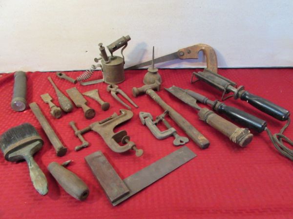 ANTIQUE/VINTAGE TOOLS - TORCH, CHISELS, CLAMPS, HAMMER & MORE
