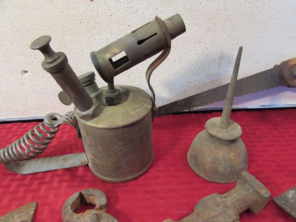 ANTIQUE/VINTAGE TOOLS - TORCH, CHISELS, CLAMPS, HAMMER & MORE