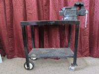 METAL WORK TABLE WITH VISE & CASTOR WHEELS