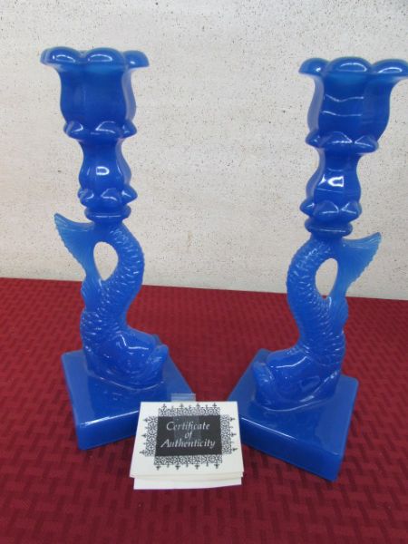 MOONSTONE BLUE DOLPHIN CANDLESTICK HOLDERS