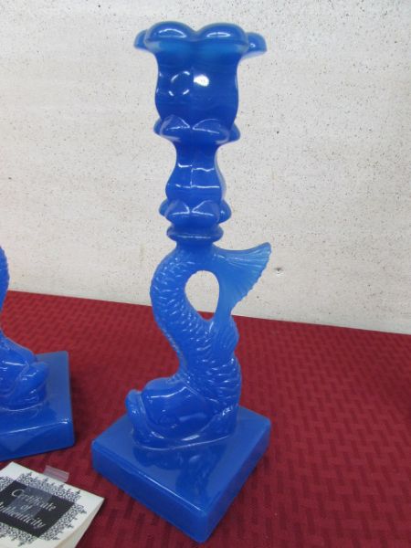 MOONSTONE BLUE DOLPHIN CANDLESTICK HOLDERS