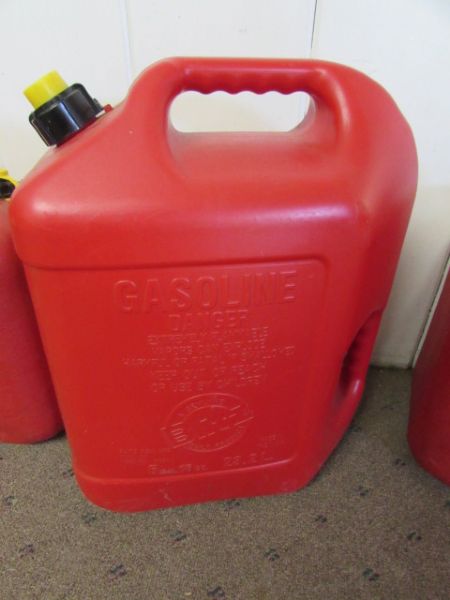 THREE PLASTIC 5 GALLON GAS CANS WITH CAPS & SPOUTS