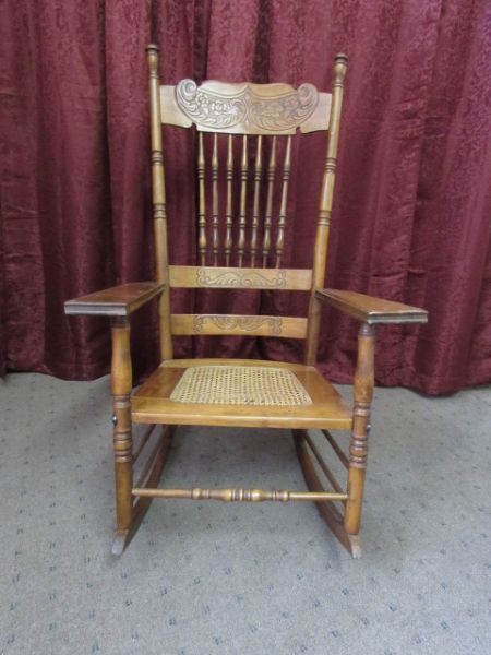 VINTAGE TALL BACK ROCKING CHAIR WITH RATTAN SEAT