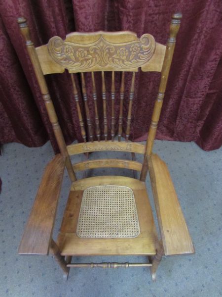 VINTAGE TALL BACK ROCKING CHAIR WITH RATTAN SEAT