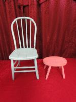 ANTIQUE WOOD CHILDS CHAIR & STOOL