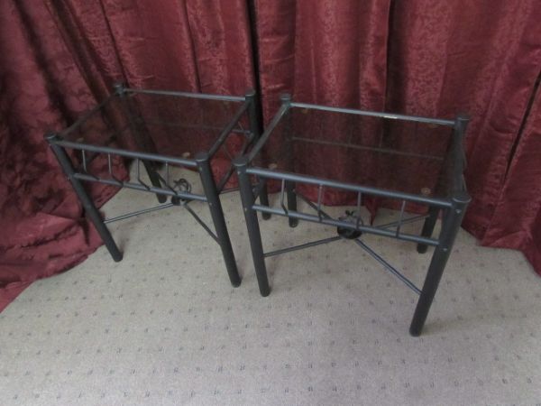 TWO DECORATIVE METAL SIDE TABLES  WITH GLASS TOPS 