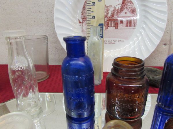 ANTIQUE BOTTLES, GLASSES, VANITY MIRROR & MORE