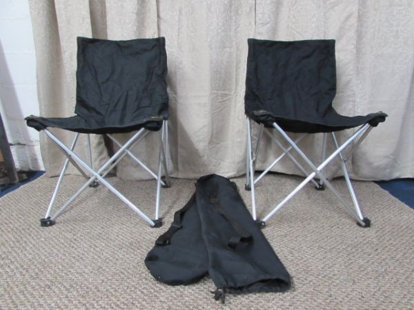 TWO PORTABLE FOLDING CHAIRS WITH STORAGE BAGS