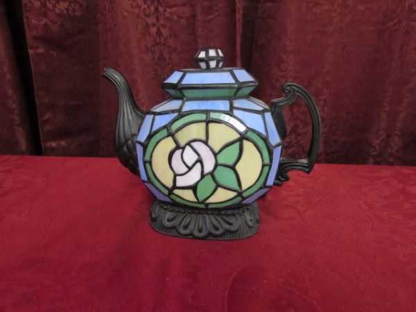 STAINED GLASS TEAPOT LIGHT, POTTERY CUP WITH SAUCER 