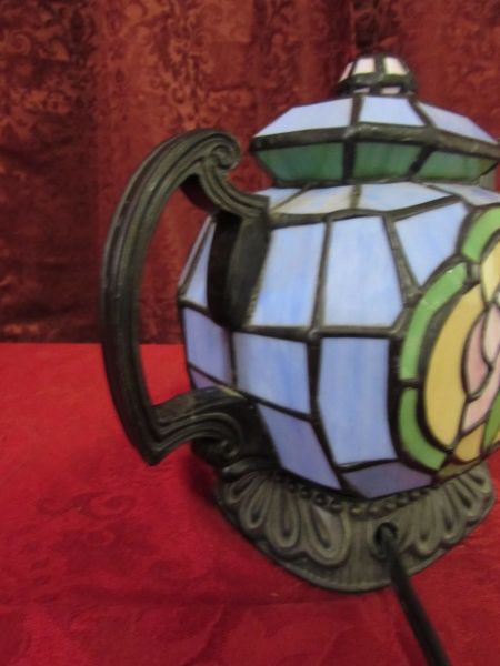 STAINED GLASS TEAPOT LIGHT, POTTERY CUP WITH SAUCER 