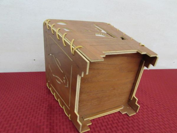 HAND CRAFTED WESTERN WOOD & LEATHER WASTE BASKET