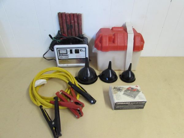 BATTERY CHARGER,  JUMPER CABLES, BACK UP ALARM & MORE