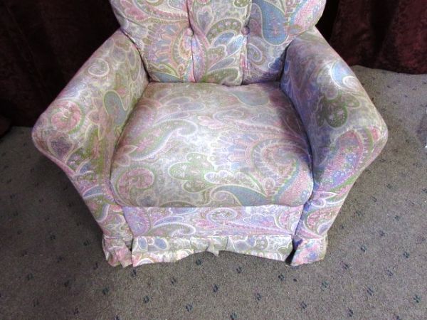 UPHOLSTERED CHILDS CHAIR & DRESS UP COSTUMES