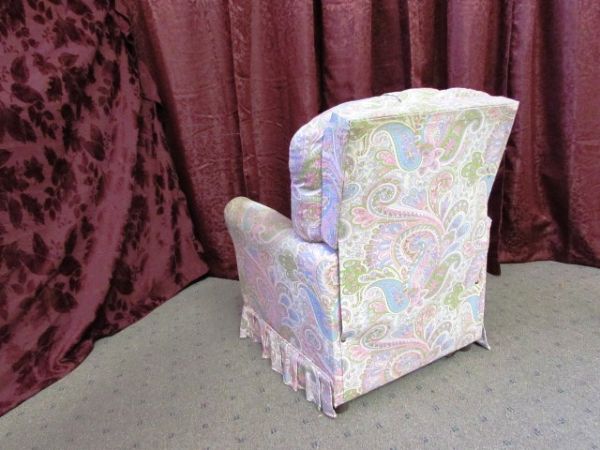 UPHOLSTERED CHILDS CHAIR & DRESS UP COSTUMES