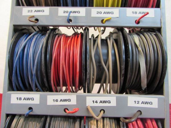 SPOOLS OF ELECTICAL WIRES WITH ORGANIZING RACK 