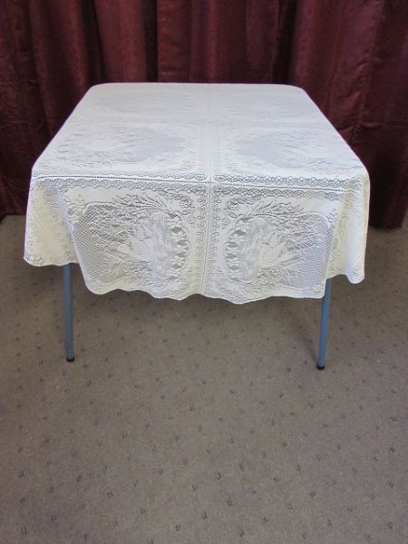 CARD TABLE BY COSCO, LACE TABLE CLOTH, CURTAIN ROD WITH VALANCE