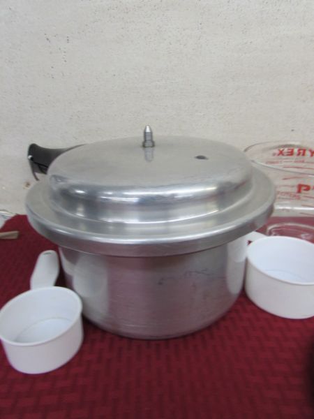 PRESSURE COOKER, PYREX MEASURING CUPS AND MORE 
