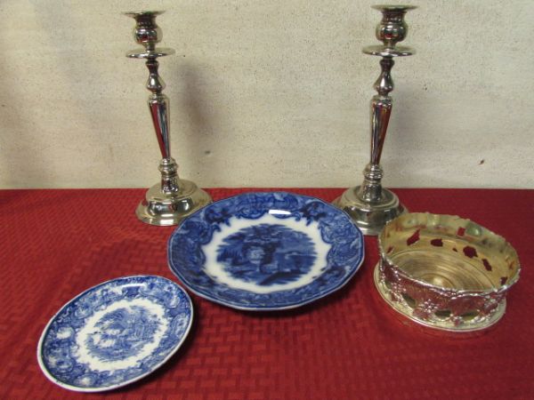 ANTIQUE FLOW BLUE TRANSFER WARE PLATES & CANDLE HOLDERS