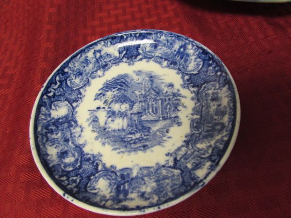 ANTIQUE FLOW BLUE TRANSFER WARE PLATES & CANDLE HOLDERS