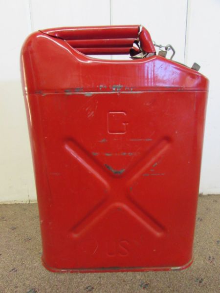 TWO 5 GALLON JERRY CANS & A VINTAGE  5 GALLON CAN